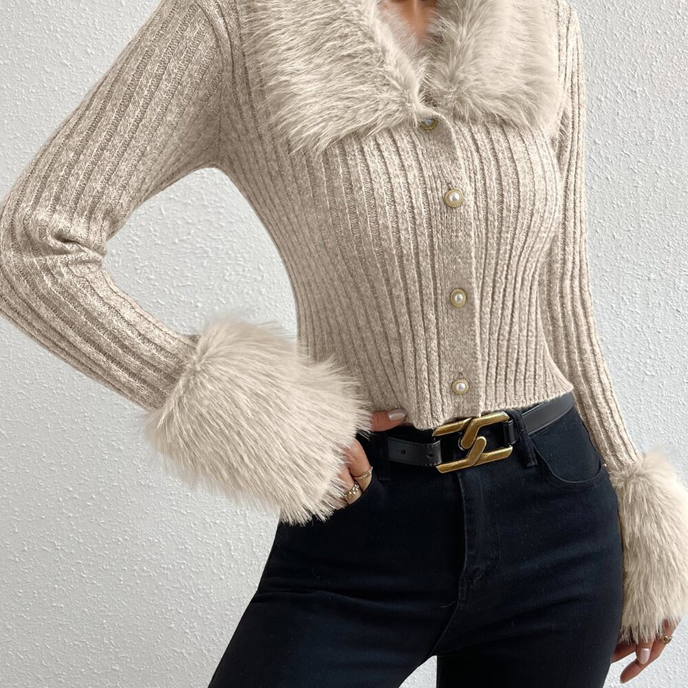 Apricot Elegant Women's Fuzzy Collar Ribbed Knit Cardigan - Picture 6 of 8